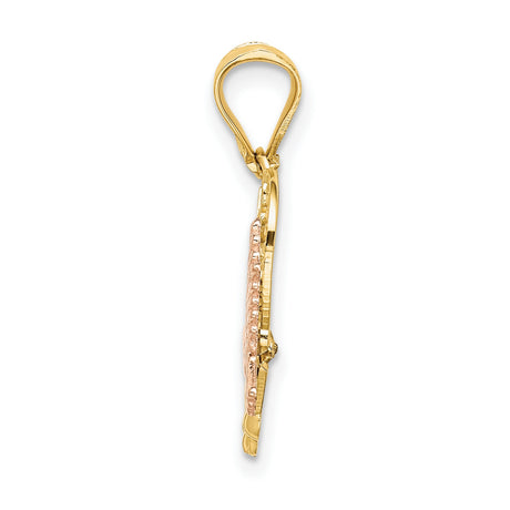 14k Two-Tone Gold Heart Pendant with Doves, Floral Detailing, Religious Script