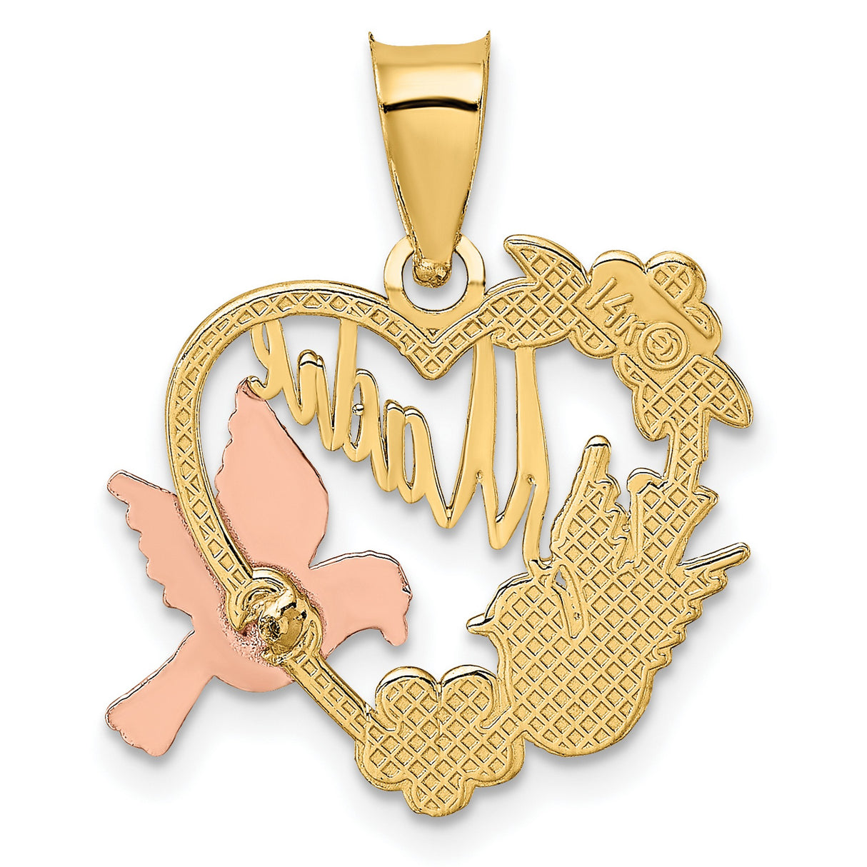 14k Two-Tone Gold Heart Pendant with Doves, Floral Detailing, Religious Script