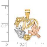 14k Two-Tone Gold Heart Pendant with Doves, Floral Detailing, Religious Script