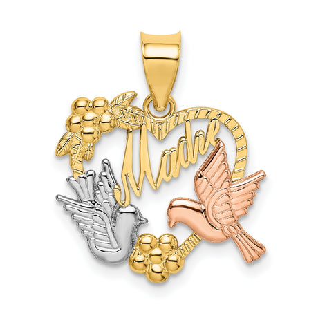 14k Two-Tone Gold Heart Pendant with Doves, Floral Detailing, Religious Script