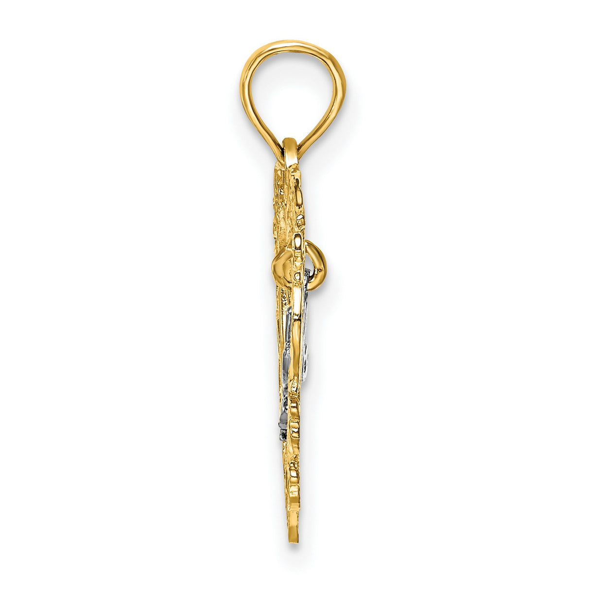 14k Two-Tone Gold Heart Pendant with Script Mom Design and Filigree Detailing