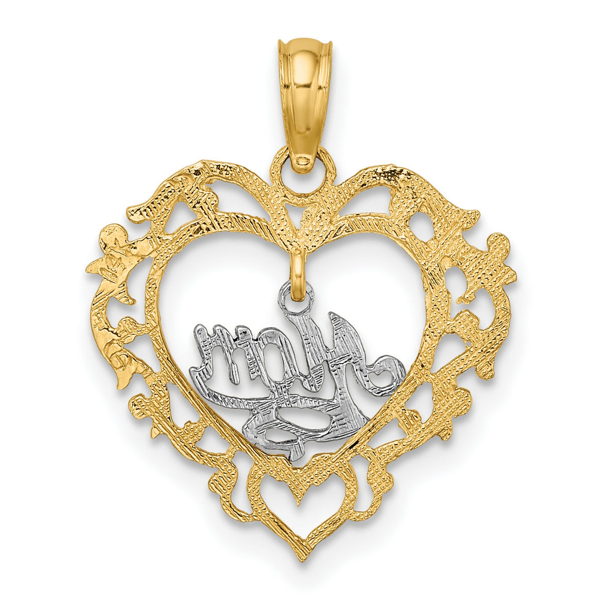 14k Two-Tone Gold Heart Pendant with Script Mom Design and Filigree Detailing