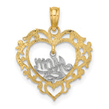 14k Two-Tone Gold Heart Pendant with Script Mom Design and Filigree Detailing