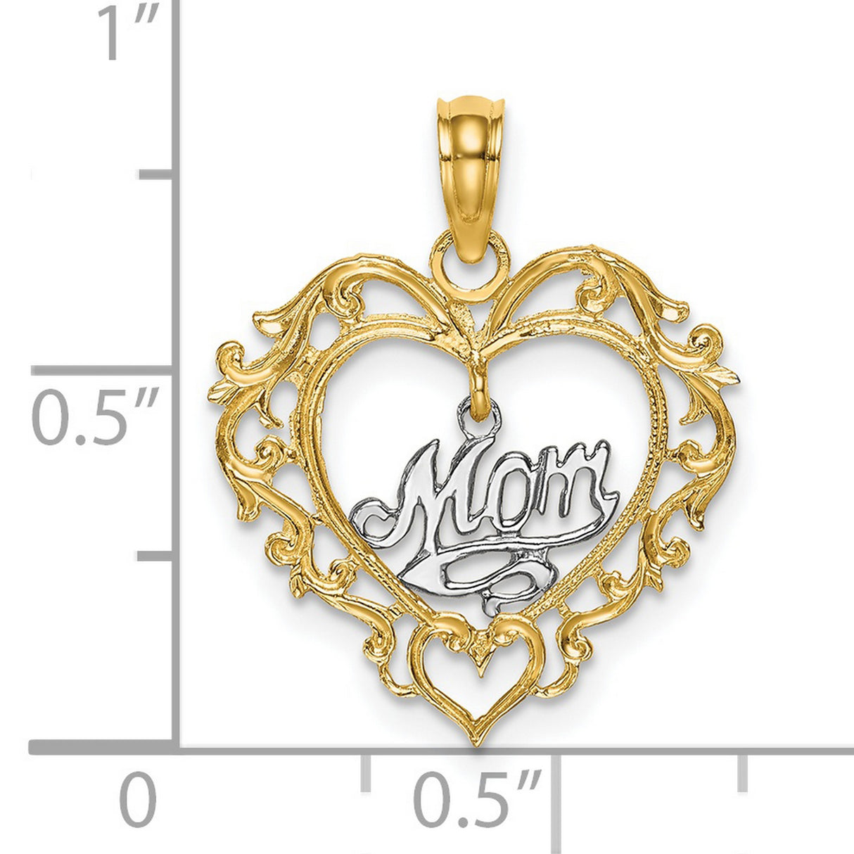 14k Two-Tone Gold Heart Pendant with Script Mom Design and Filigree Detailing