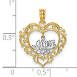 14k Two-Tone Gold Heart Pendant with Script Mom Design and Filigree Detailing