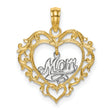 14k Two-Tone Gold Heart Pendant with Script Mom Design and Filigree Detailing