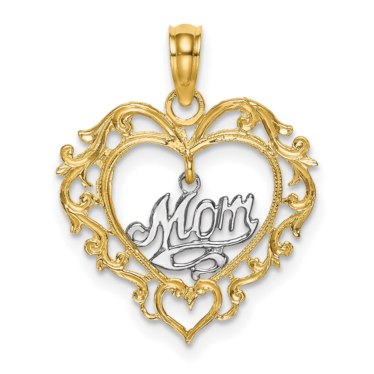 14k Two-Tone Gold Heart Pendant with Script Mom Design and Filigree Detailing