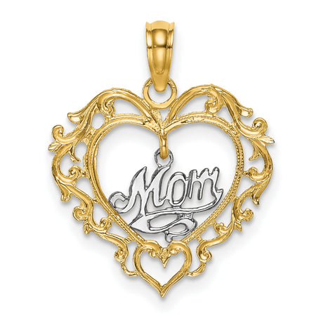 14k Two-Tone Gold Heart Pendant with Script Mom Design and Filigree Detailing