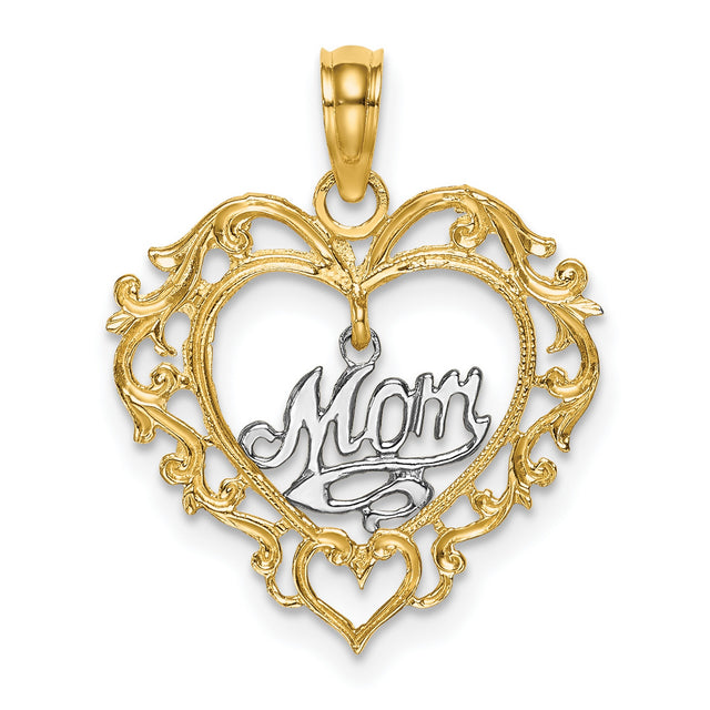 14k Two-Tone Gold Heart Pendant with Script Mom Design and Filigree Detailing