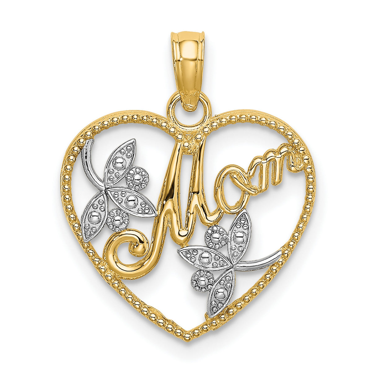 Beaded Heart MOM Charm Pendant in Real 14k Multi-Tone Gold