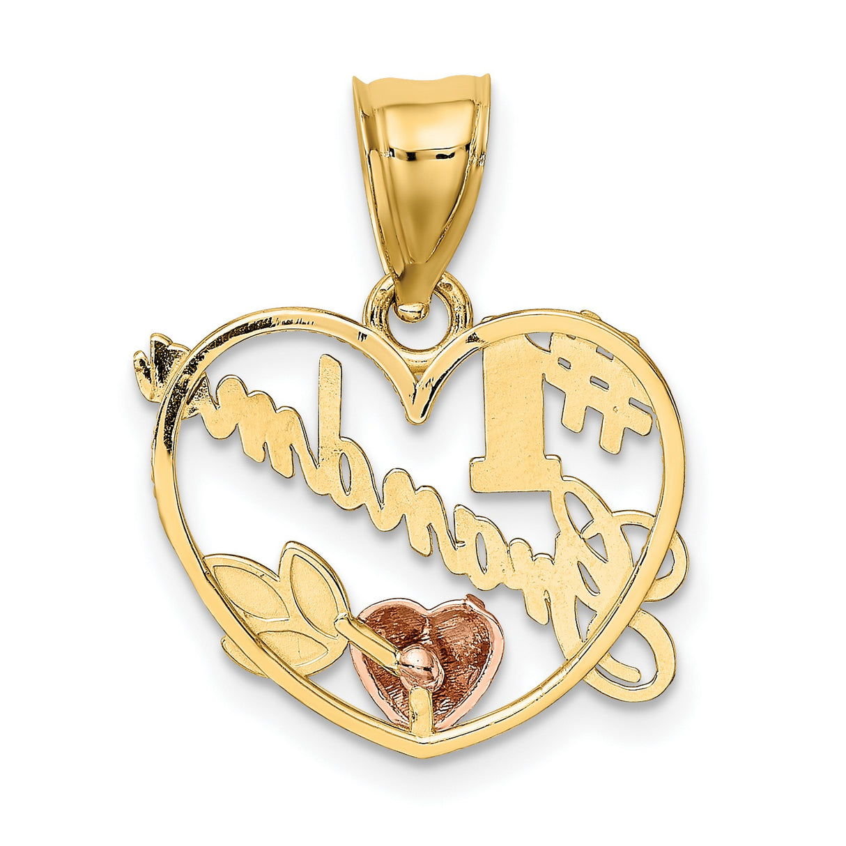 #1 Grandma Words And Rose Heart Charm Pendant in Real 14k Multi-Tone Gold