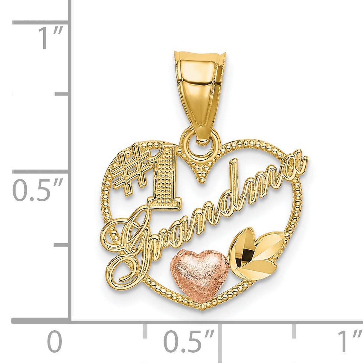 #1 Grandma Words And Rose Heart Charm Pendant in Real 14k Multi-Tone Gold