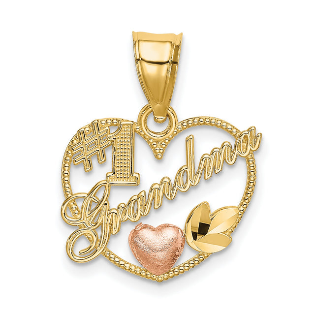 #1 Grandma Words And Rose Heart Charm Pendant in Real 14k Multi-Tone Gold