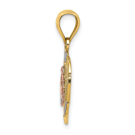 14k Two-Tone Gold Cross Pendant with Praying Hands, Heart, and Filigree Design