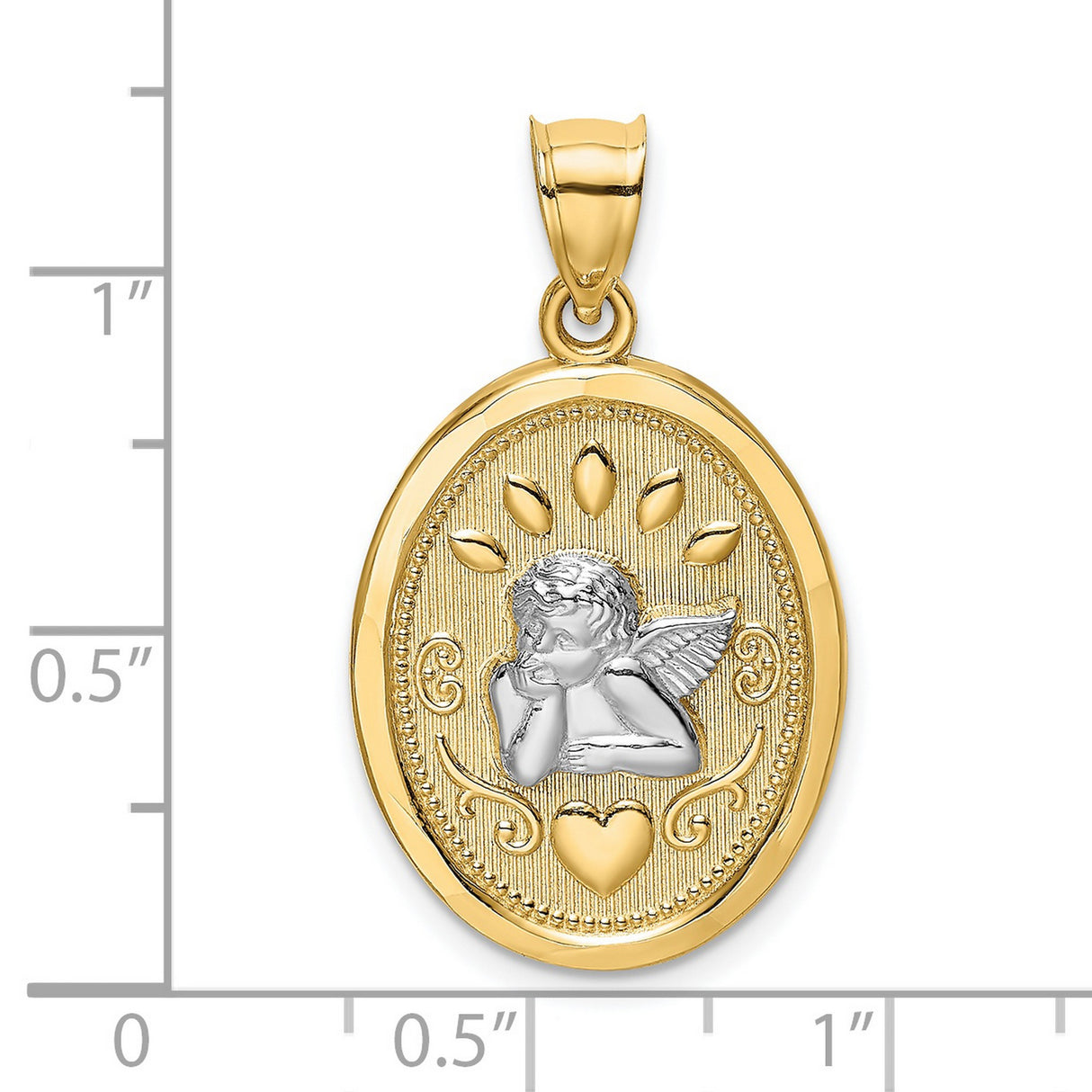 Cherub Angel and Heart Oval Charm Pendant in Real 14k Multi-Tone Gold