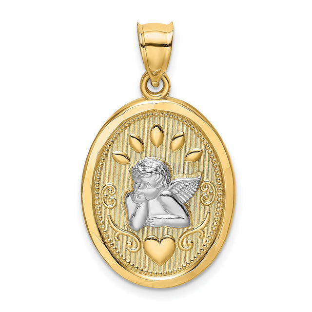 Cherub Angel and Heart Oval Charm Pendant in Real 14k Multi-Tone Gold