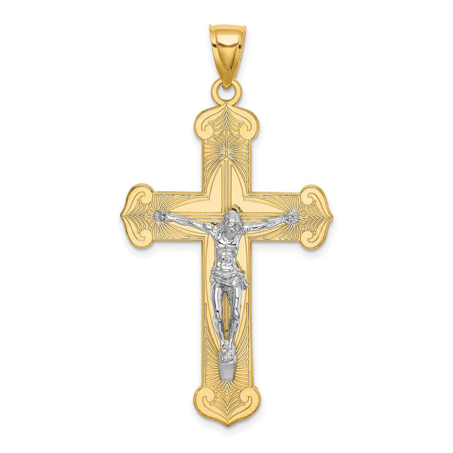 Engraved Crucifix Charm Pendant in Real 14k Multi-Tone Gold