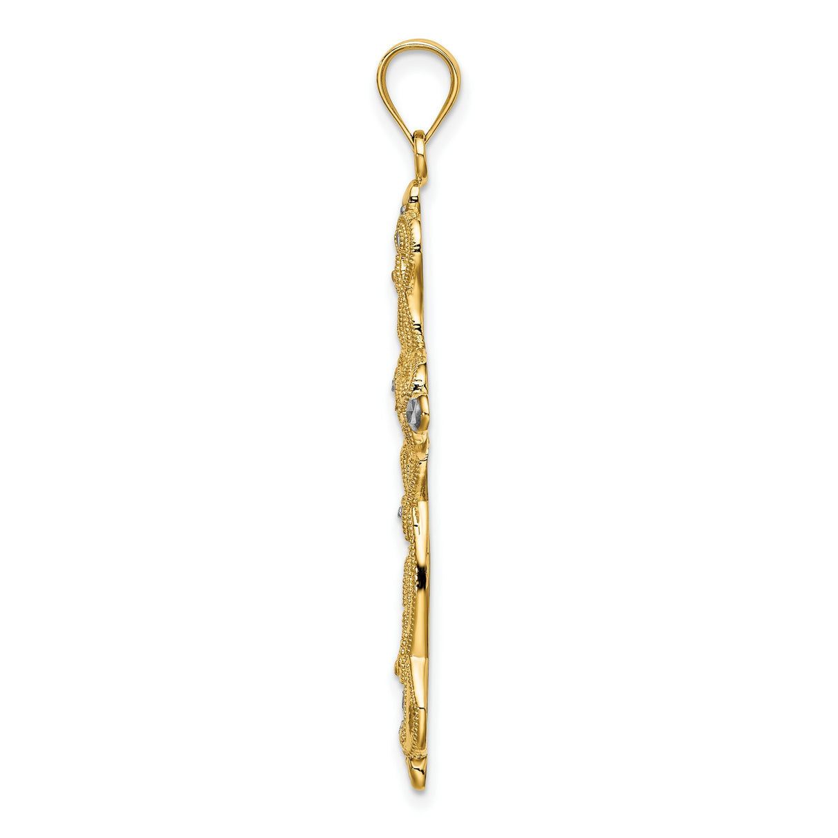 Scroll Design and Cross Charm Pendant in Real 14k Multi-Tone Gold