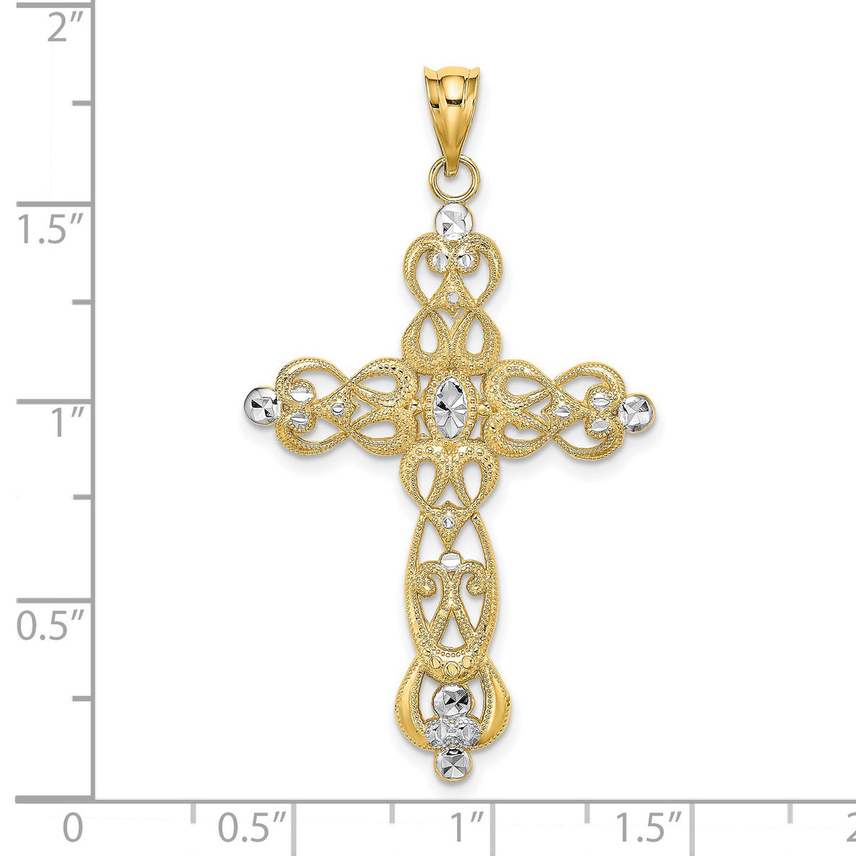 Scroll Design and Cross Charm Pendant in Real 14k Multi-Tone Gold