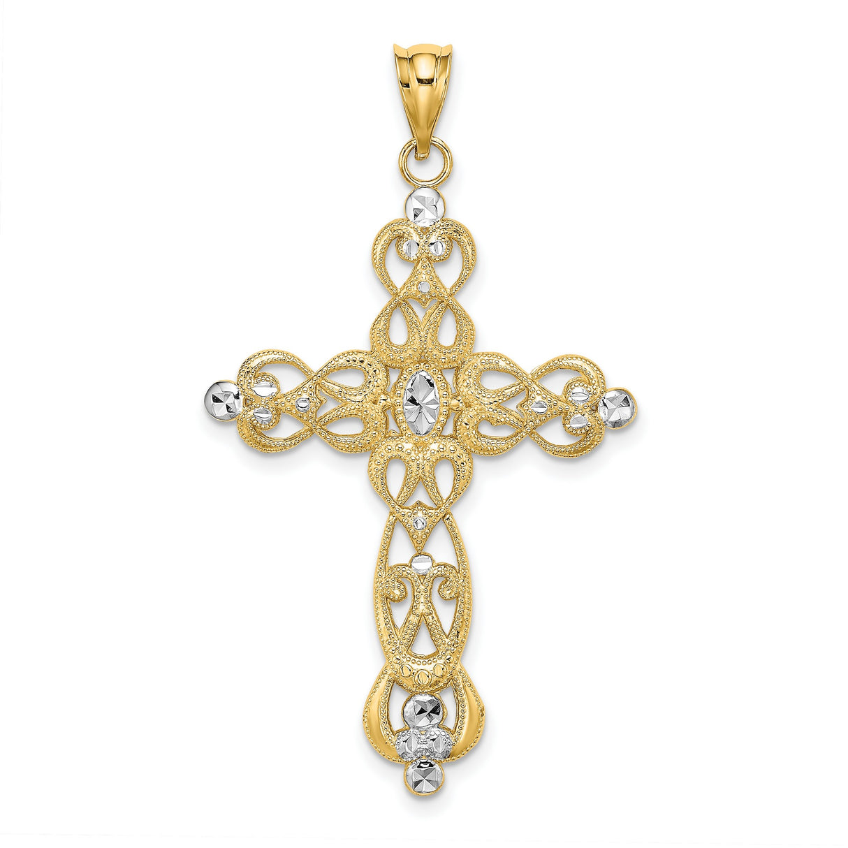 Scroll Design and Cross Charm Pendant in Real 14k Multi-Tone Gold