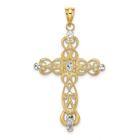 14k Multi-Tone Gold Filigree Cross Pendant with Textured Detail and Silver Accent