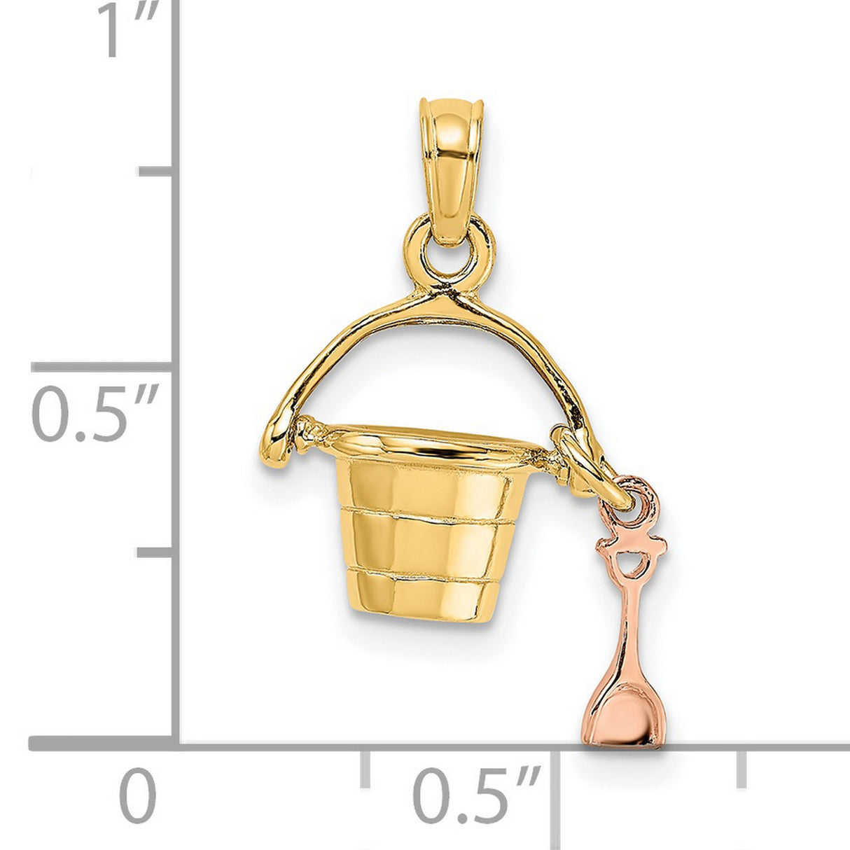 3-D Beach Bucket and Shovel Charm Pendant in Real 14k Multi-Tone Gold