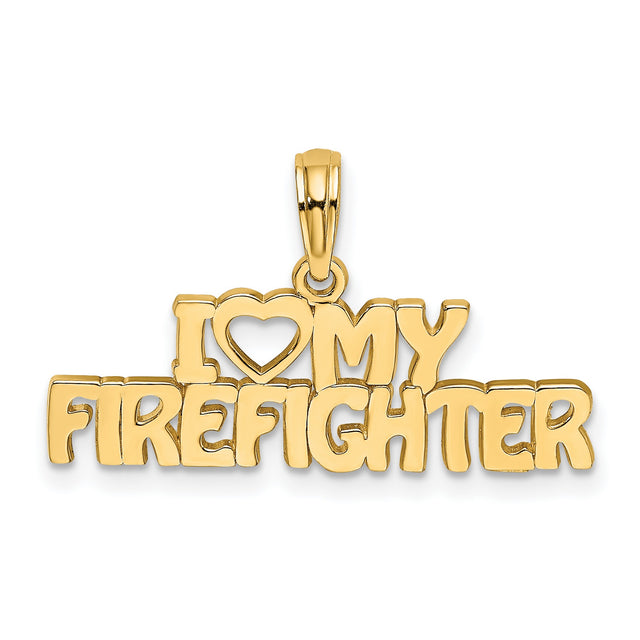 14k Yellow Gold Firefighter Pendant with Heart Symbol and Bold Lettering