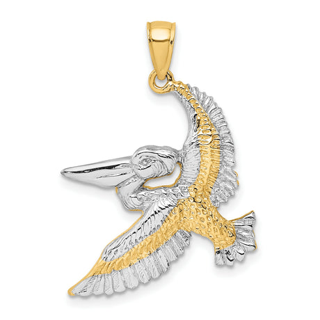 14k Multi-Tone Gold Flying Pelican Pendant, Nautical Bird Charm Symbolizing Resilience and Faith
