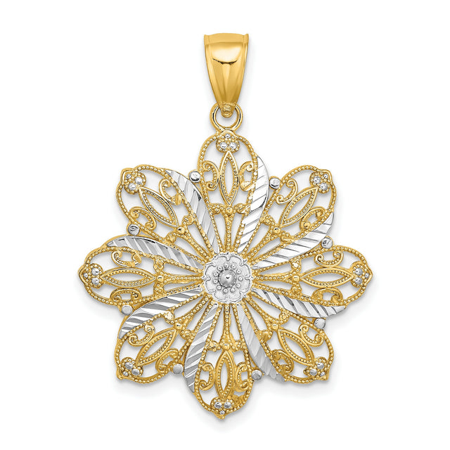 14k Two-Tone Gold Flower Pendant with Intricate Filigree Design for Women