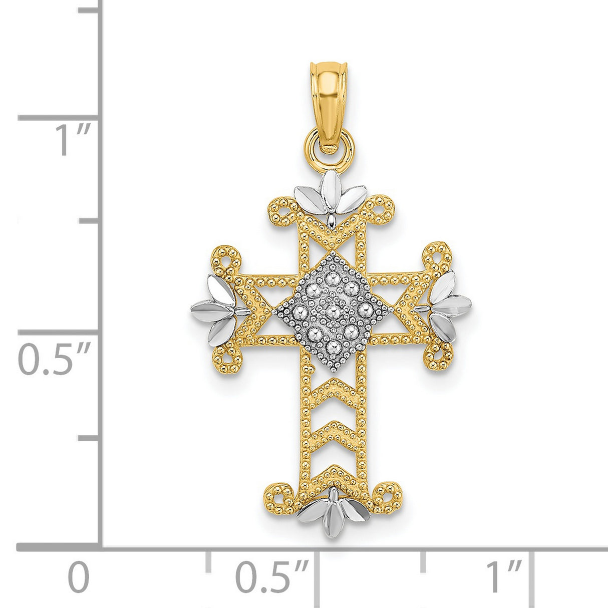 Beaded and Cross Charm Pendant in Real 14k Multi-Tone Gold