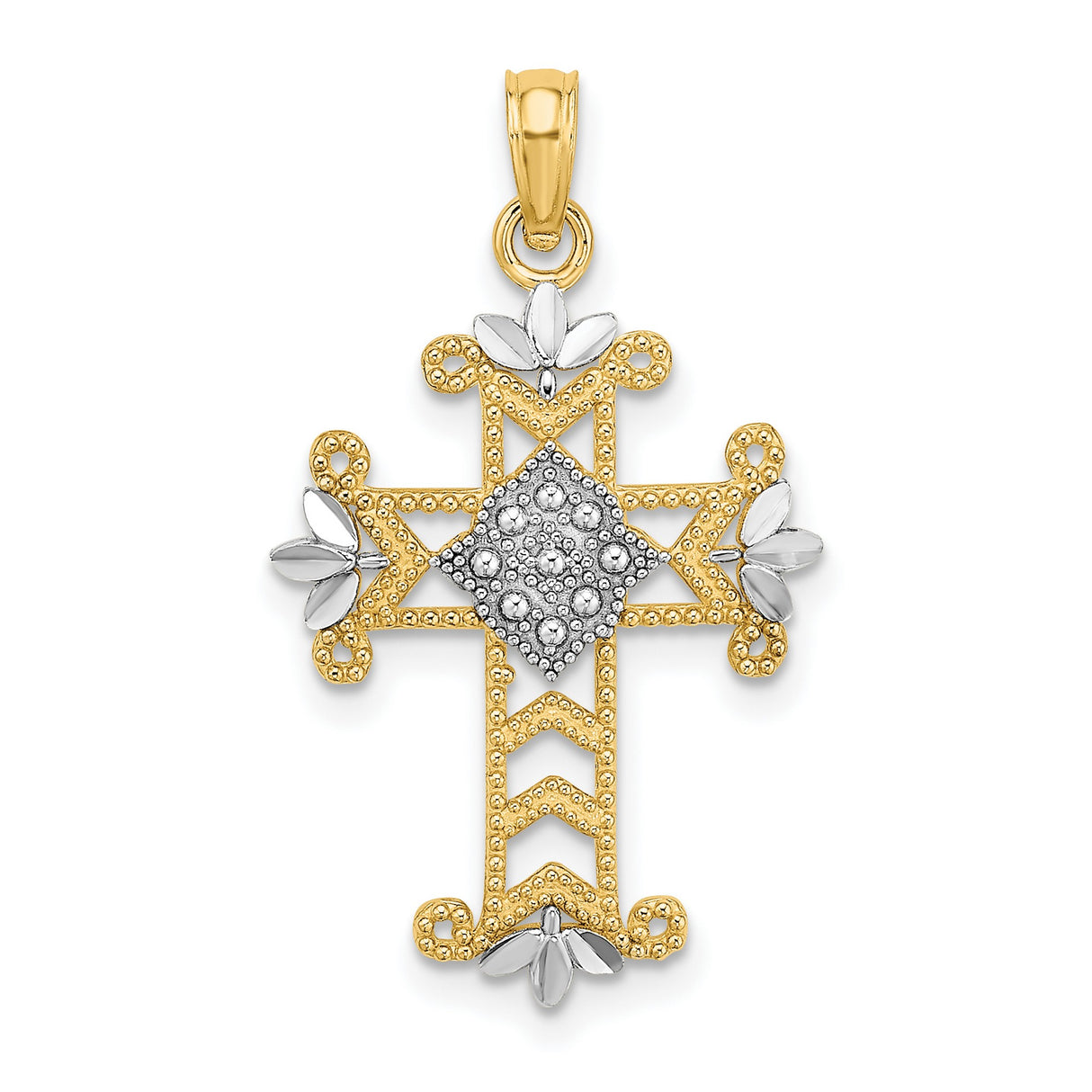 Beaded and Cross Charm Pendant in Real 14k Multi-Tone Gold