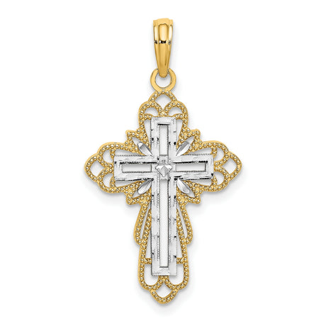 14k Two-Tone Gold Cross Pendant with Filigree Openwork and Textured Finish