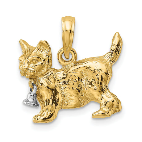 3-D Cat Dangling Bell Charm Pendant in Real 14k Multi-Tone Gold