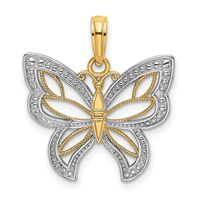 14k Multi-Tone Gold Butterfly Pendant with Intricate Filigree Detail, Nature-Inspired Design