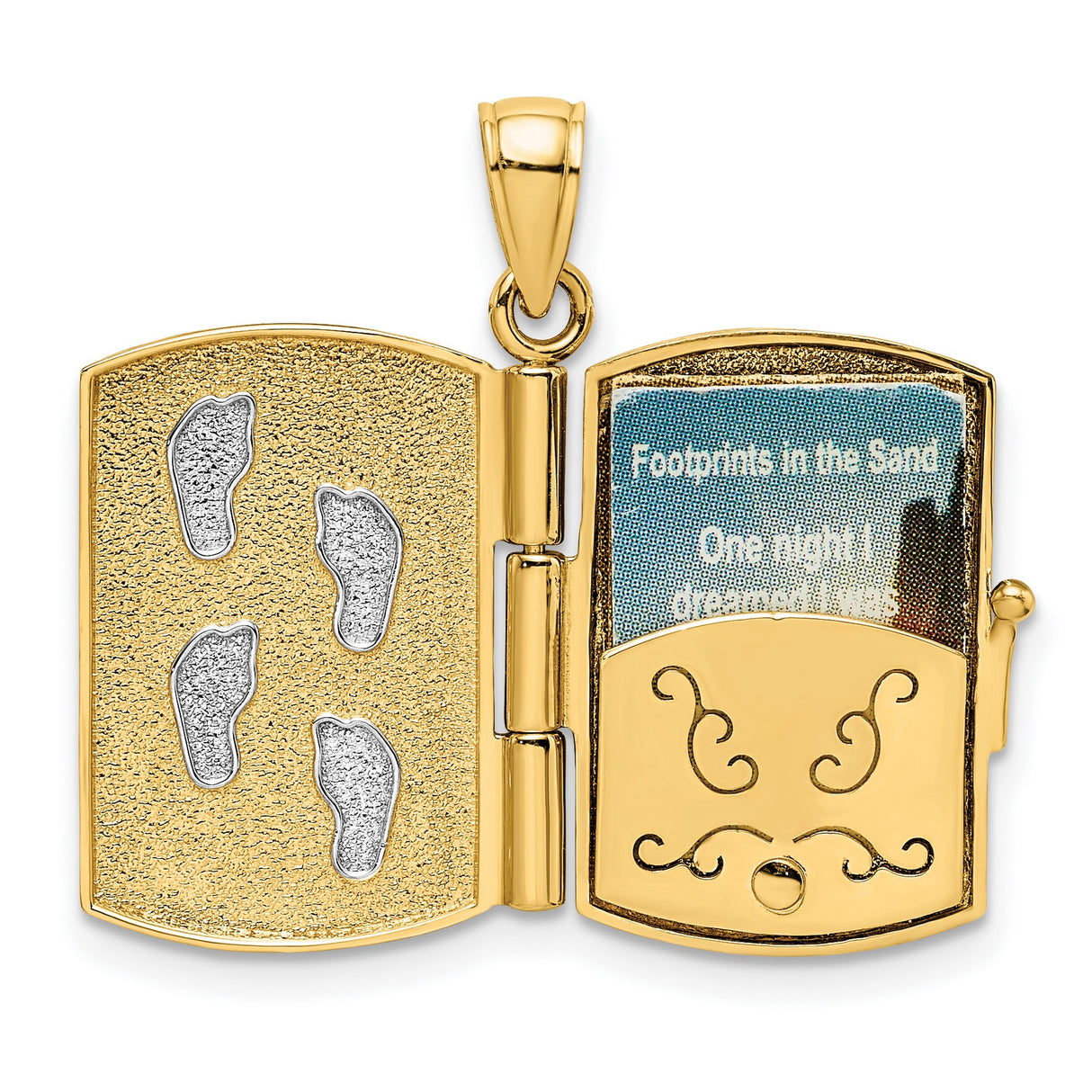 3D Footprints Book Prayer Inside Charm Pendant in Real 14k Multi-Tone Gold