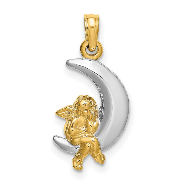 Cherub Sitting White Crescent Moon Charm Pendant in Real 14k Multi-Tone Gold