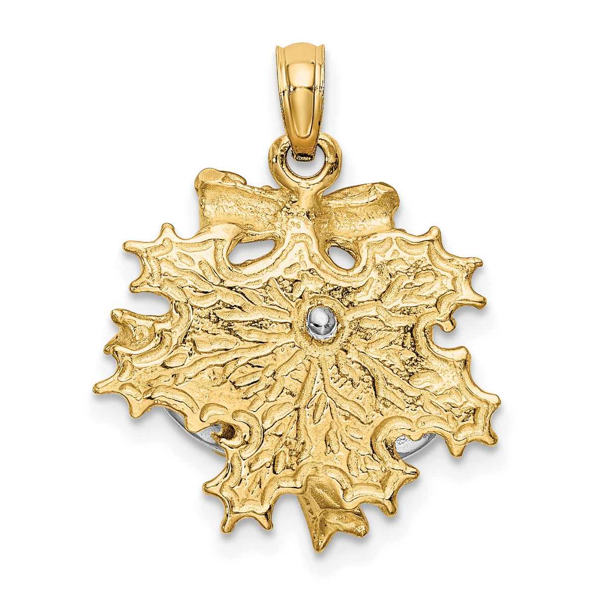 14k Two-Tone Gold Christmas Bell Pendant with Holly Leaves and Festive Bow
