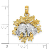 14k Two-Tone Gold Christmas Bell Pendant with Holly Leaves and Festive Bow