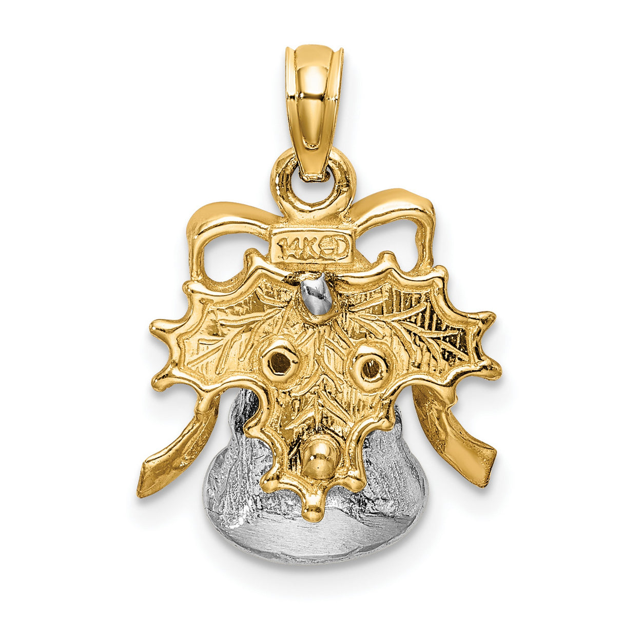 14k Two-Tone Gold Christmas Bell Pendant with Bow and Holly Design