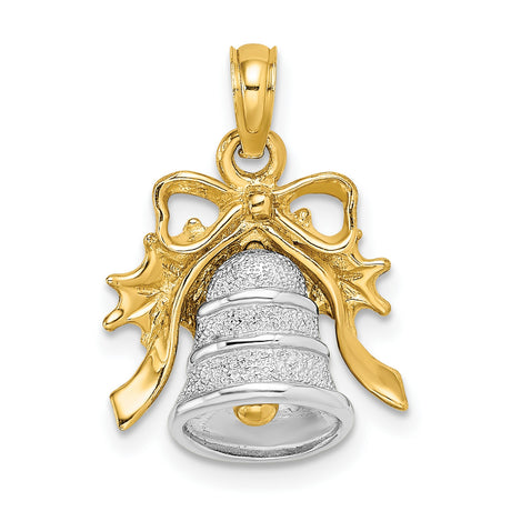 14k Two-Tone Gold Christmas Bell Pendant with Bow and Holly Design