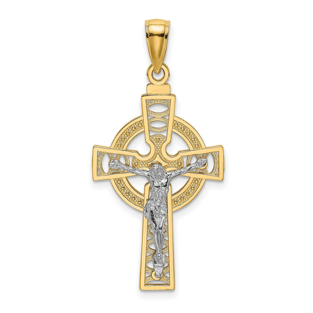 Celtic Crucifix Eternity Circle Charm Pendant in Real 14k Multi-Tone Gold