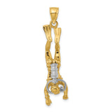 14k Two-Tone Gold Scuba Diver Pendant, Upside Down Diver with Fins and Gear, Nautical Charm