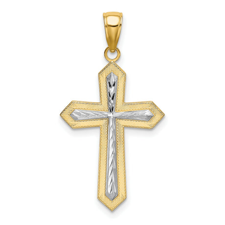14k Yellow and White Gold Cross Pendant with Textured Center Design, Two-Tone Religious Charm