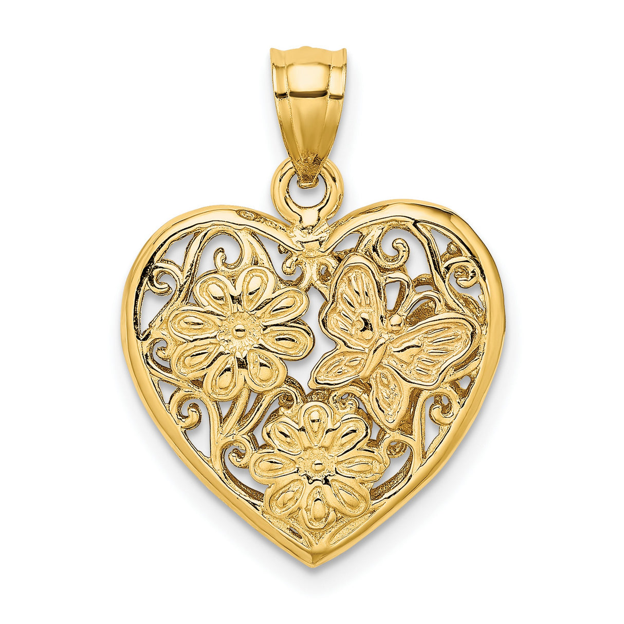 3-D Heart Butterfly Reversible Charm Pendant in Real 14k Multi-Tone Gold