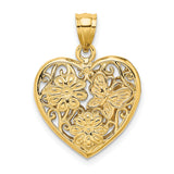 3-D Heart Butterfly Reversible Charm Pendant in Real 14k Multi-Tone Gold