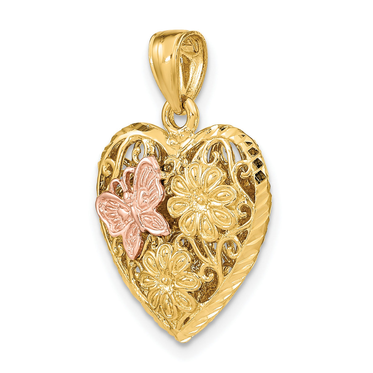 3-D Heart Butterfly Reversible Charm Pendant in Real 14k Multi-Tone Gold