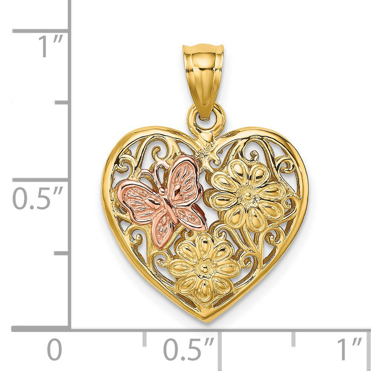 3-D Heart Butterfly Reversible Charm Pendant in Real 14k Multi-Tone Gold