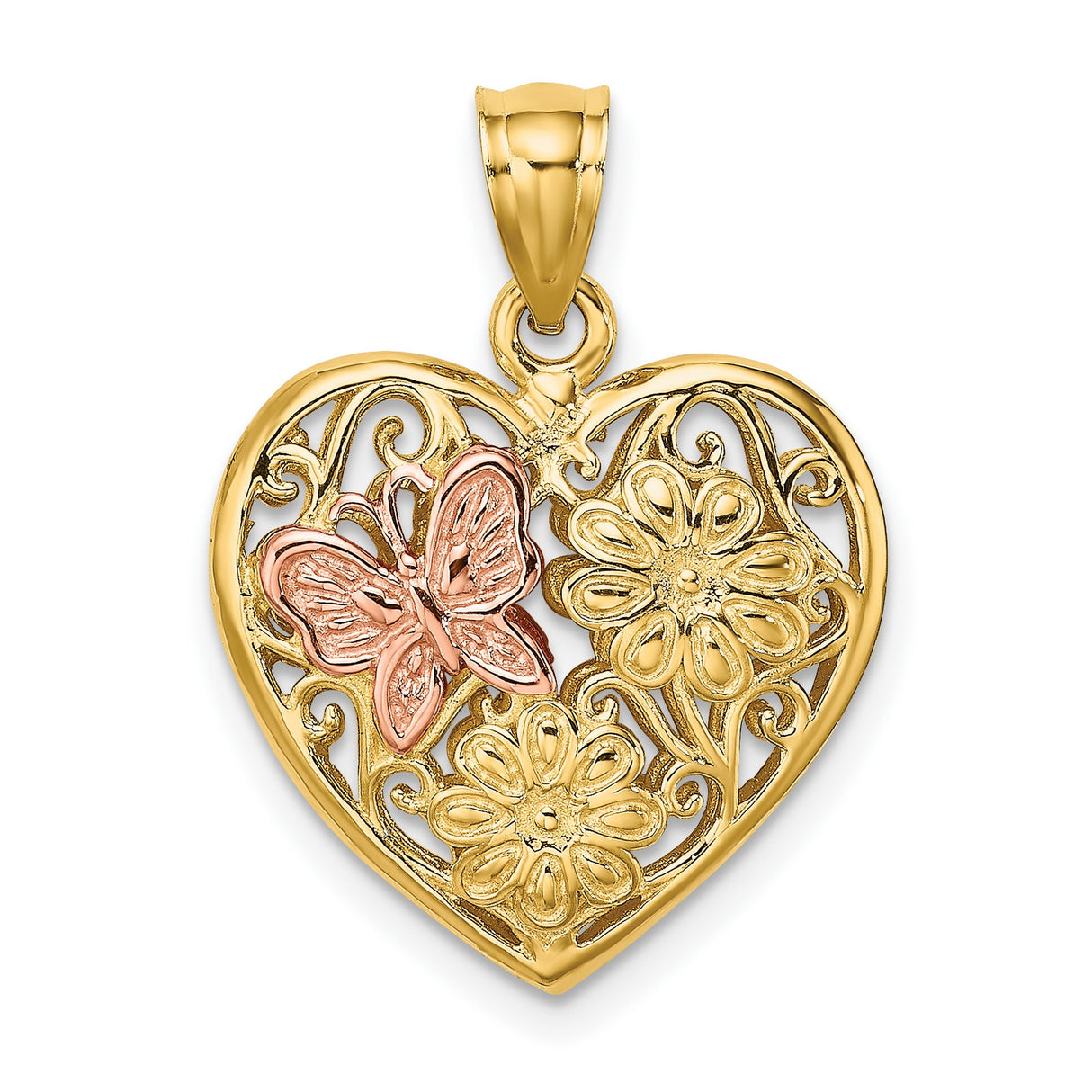 3-D Heart Butterfly Reversible Charm Pendant in Real 14k Multi-Tone Gold