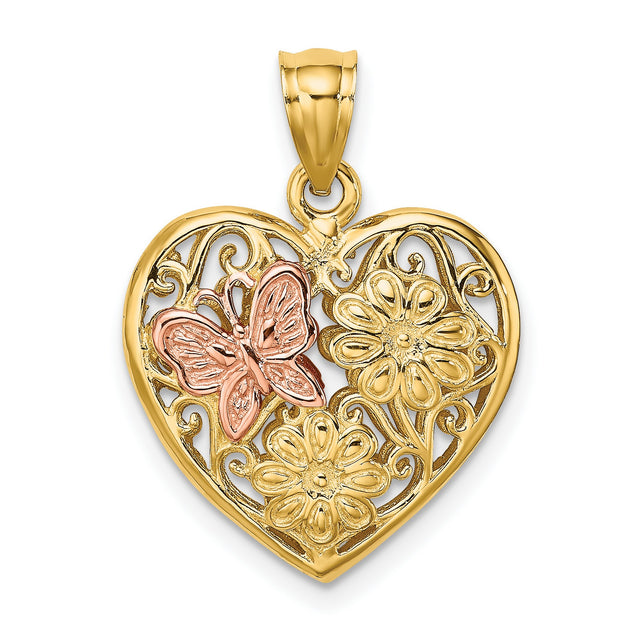 3-D Heart Butterfly Reversible Charm Pendant in Real 14k Multi-Tone Gold