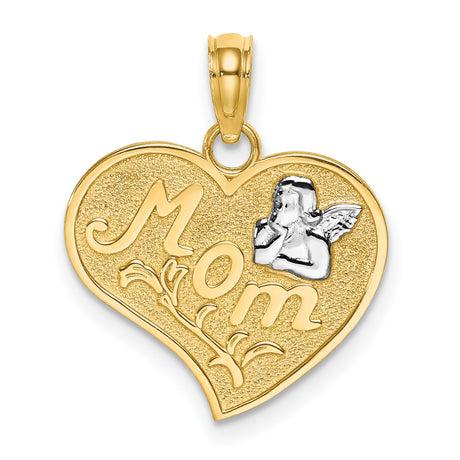 14k Two-Tone Gold Heart Pendant with Praying Angel and MOM Design for Women